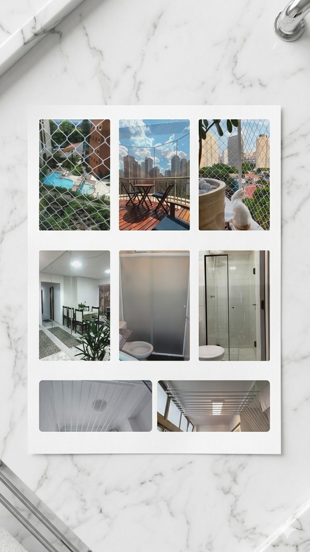 Mosaico com fotos reais de serviços realizados pela Poder Absoluto: redes de proteção em sacadas e janelas, box de vidro para banheiro, espelhos, varais de teto e envidraçamento.